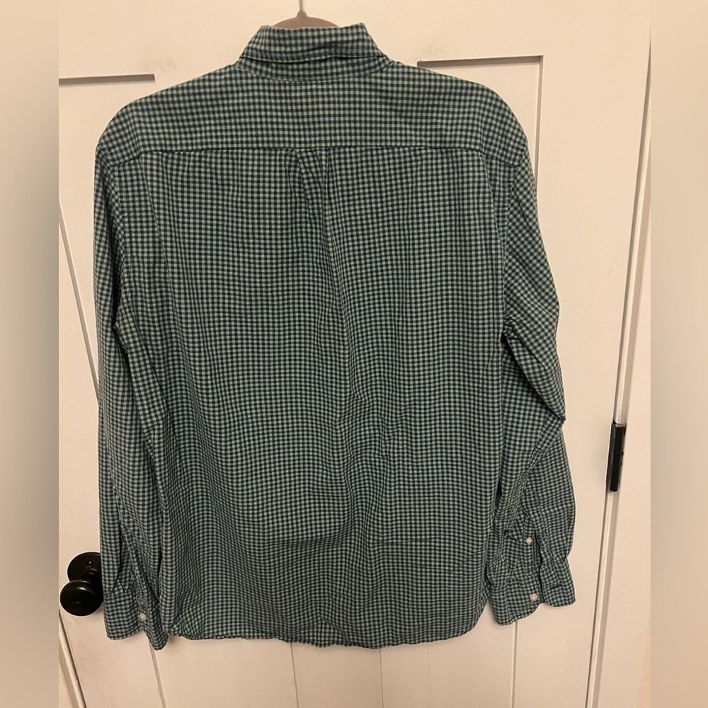 J. Crew Slim Secret Wash stretch organic cotton gingham shirt blue green large L - Picture 2 of 5